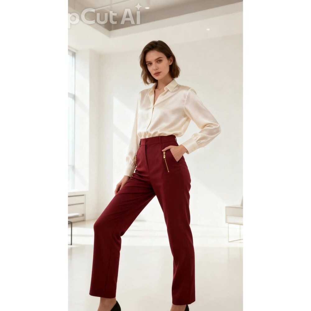 Rafaella Women's Red Solid Dress Pants Flat Front w/ Zip Pockets Zip Closure